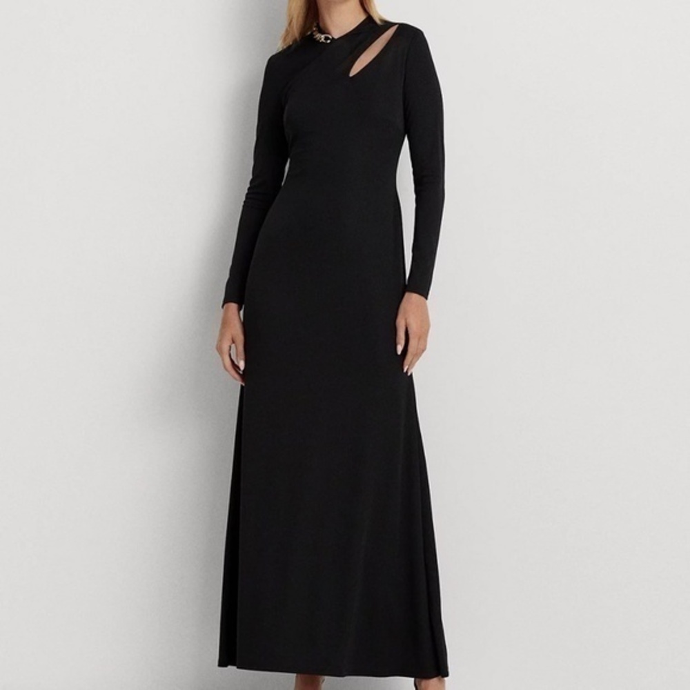 Lauren Ralph Lauren. Gold Chain Embellished Cutout Stretch Gown.‎